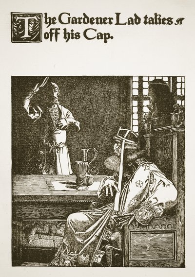 ガーデナーラッドがキャップを脱いだイラスト、「アーサー王と騎士の物語」、1903年 作： Howard Pyle